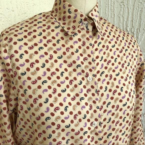 Vintage Tops - Mini Paisley Print Poly Button Up Camel Shirt!